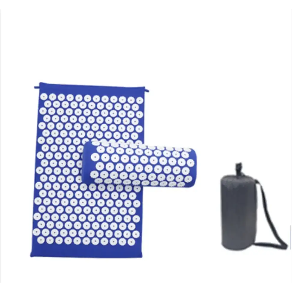 Blue acupressure mat and roller set with white circular needles.