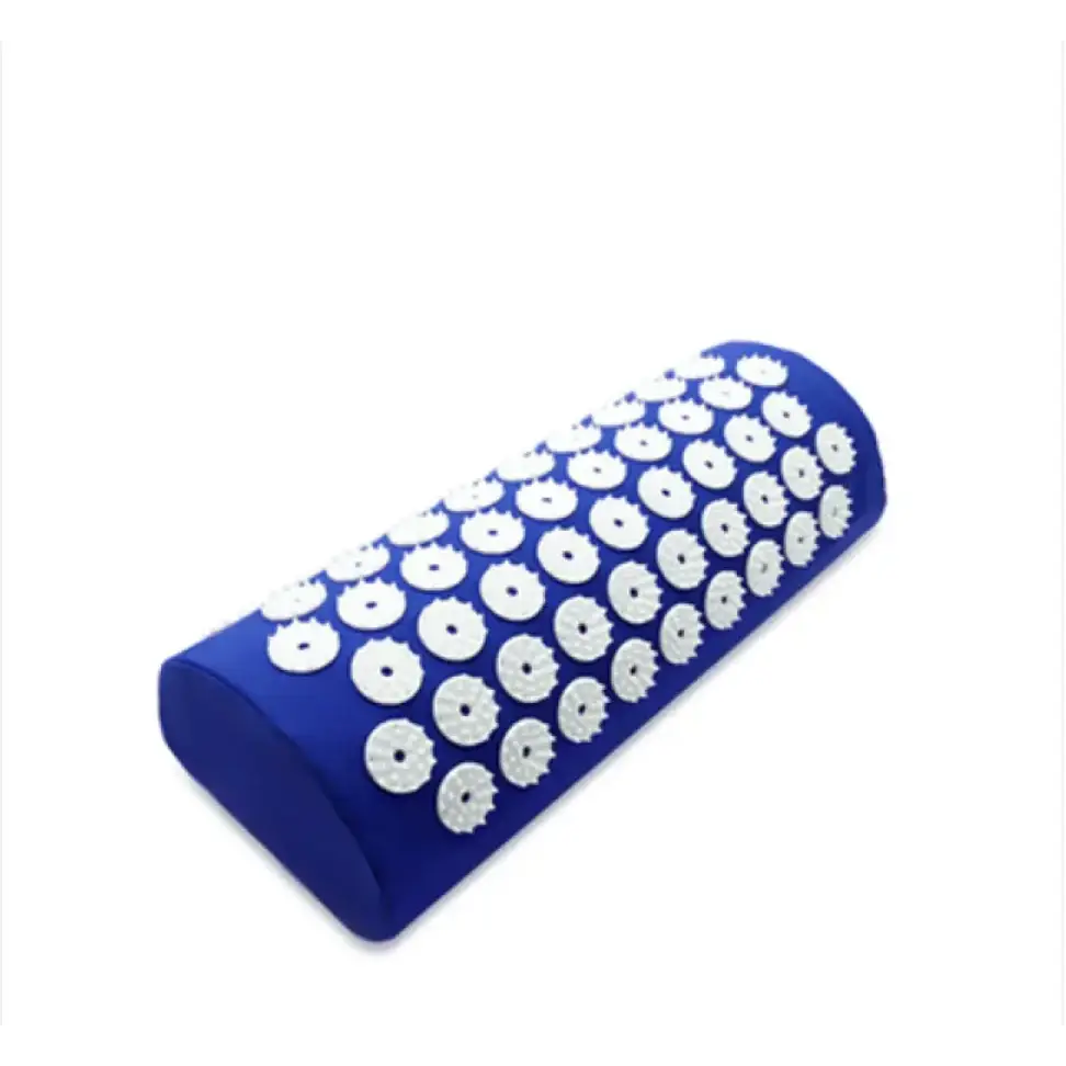 Blue cylindrical massage pillow with white, circular acupuncture points embedded across its surface.