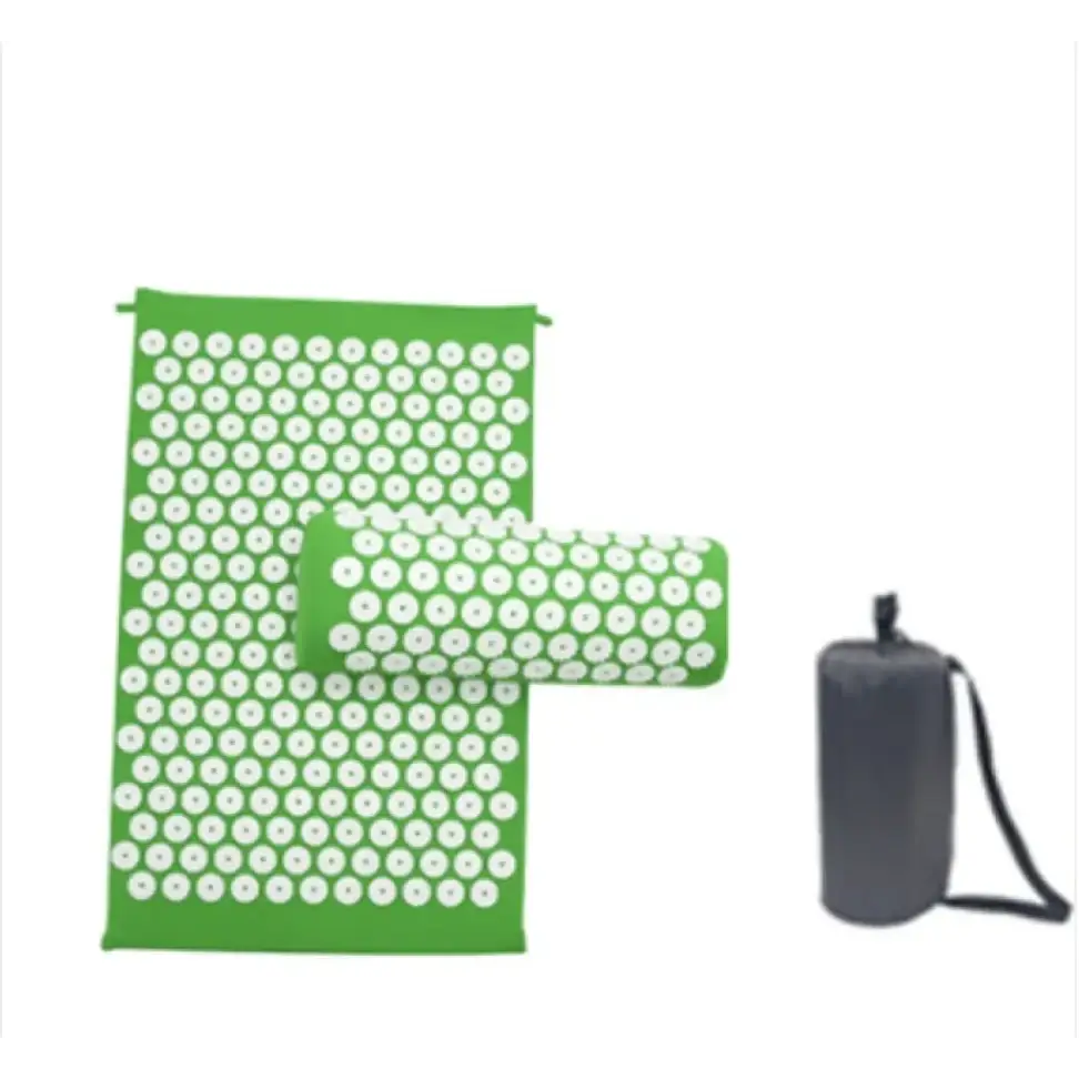 Green acupressure mat and roller set with white circular needles.