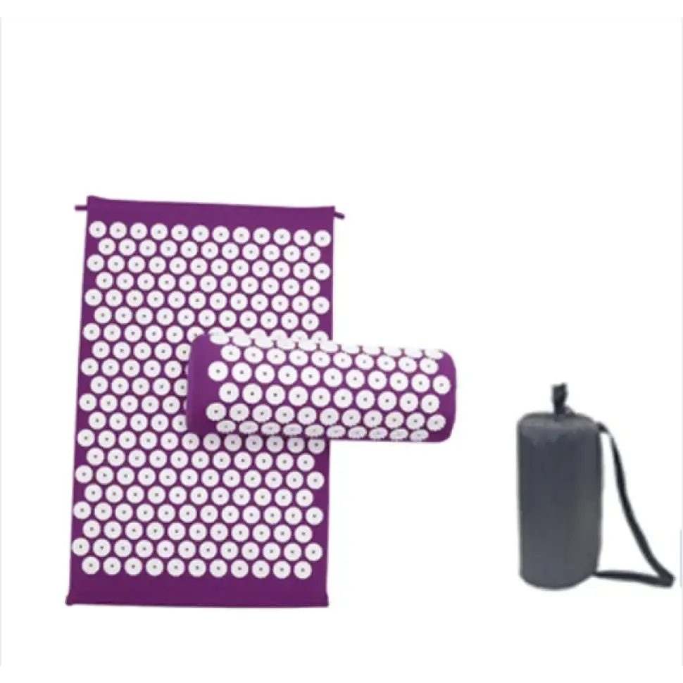 Purple acupressure mat and pillow set with white circular needles.