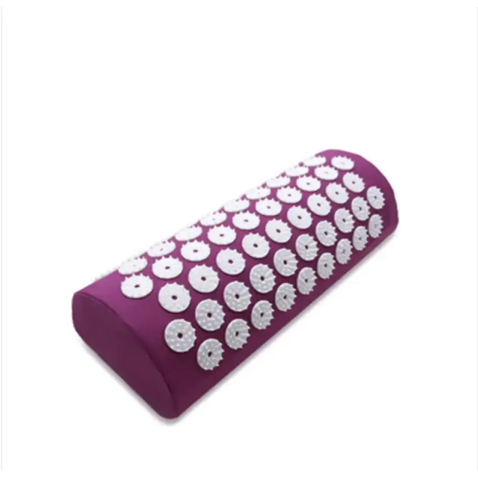 Purple cylindrical massage pillow with white, circular acupuncture points embedded across its surface.