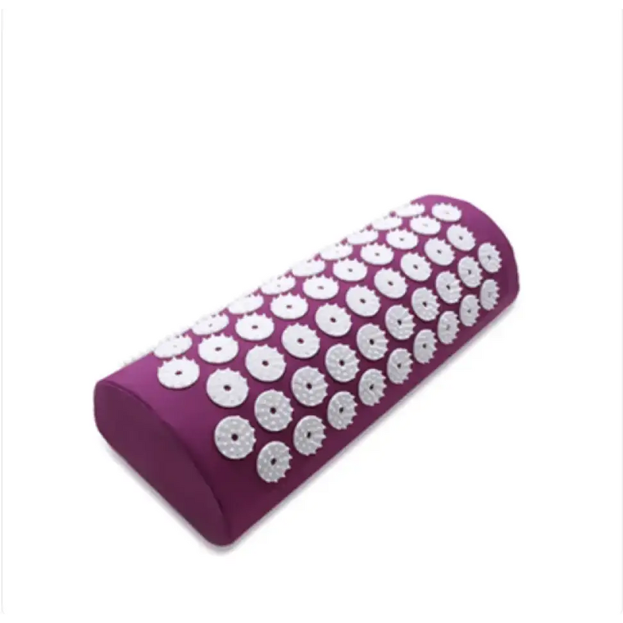 Purple cylindrical massage pillow with white, circular acupuncture points embedded across its surface.