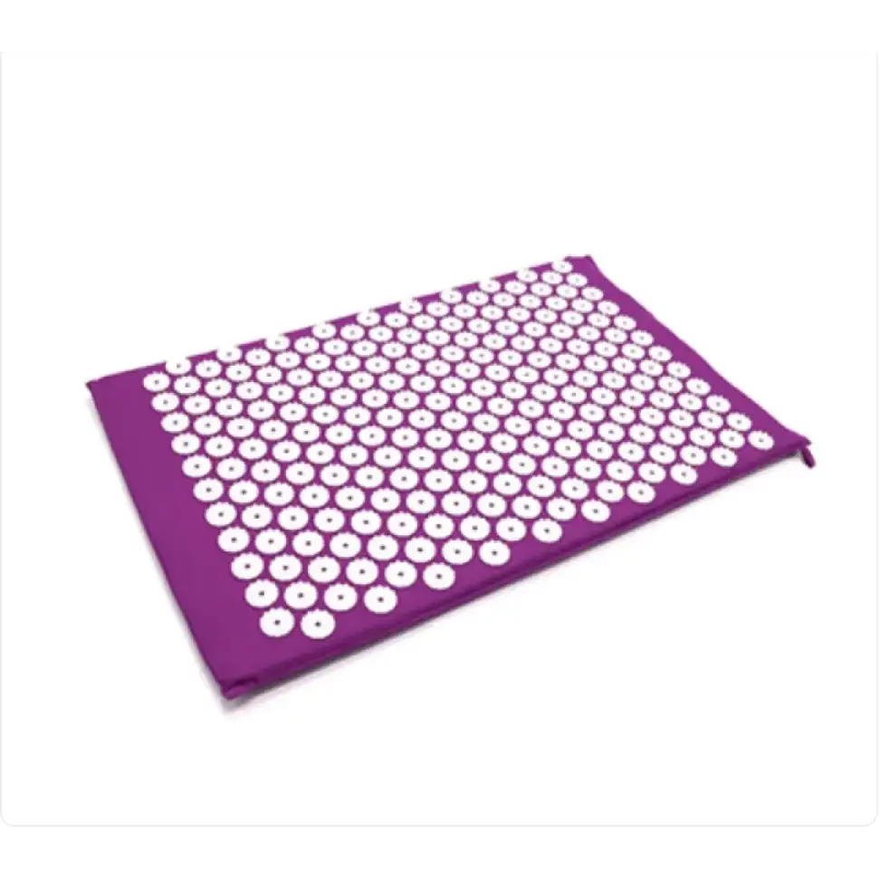 Purple acupressure mat with a grid of white, circular needles embedded in its surface.