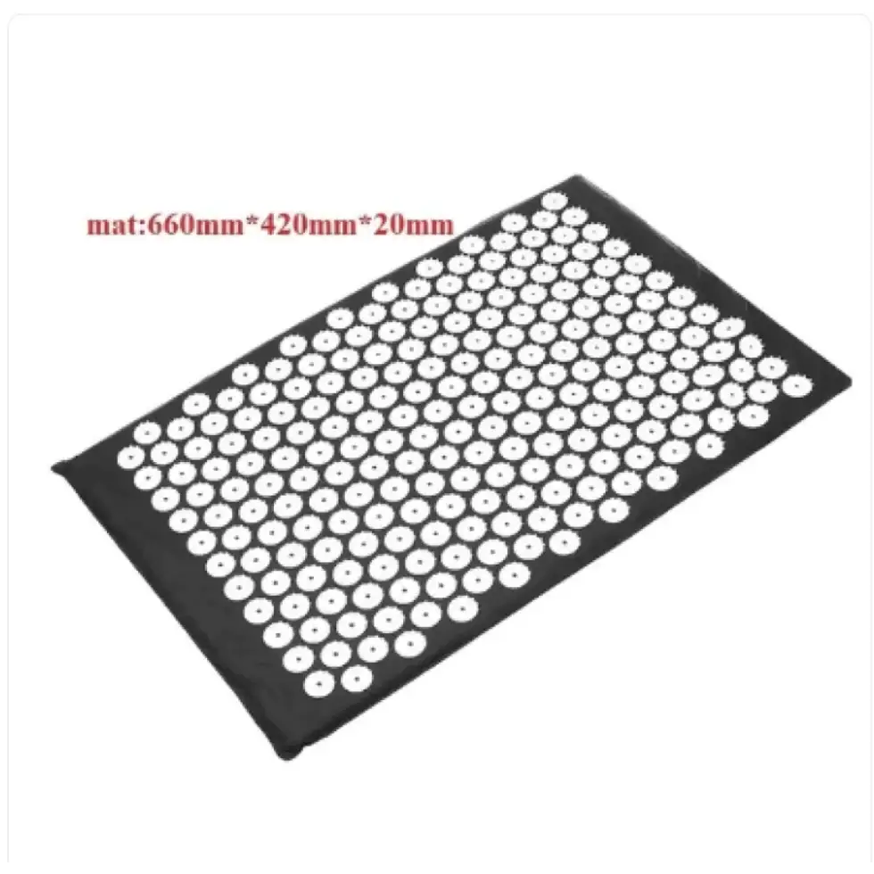 Black rectangular acupressure mat with a grid of white, circular, raised pins.