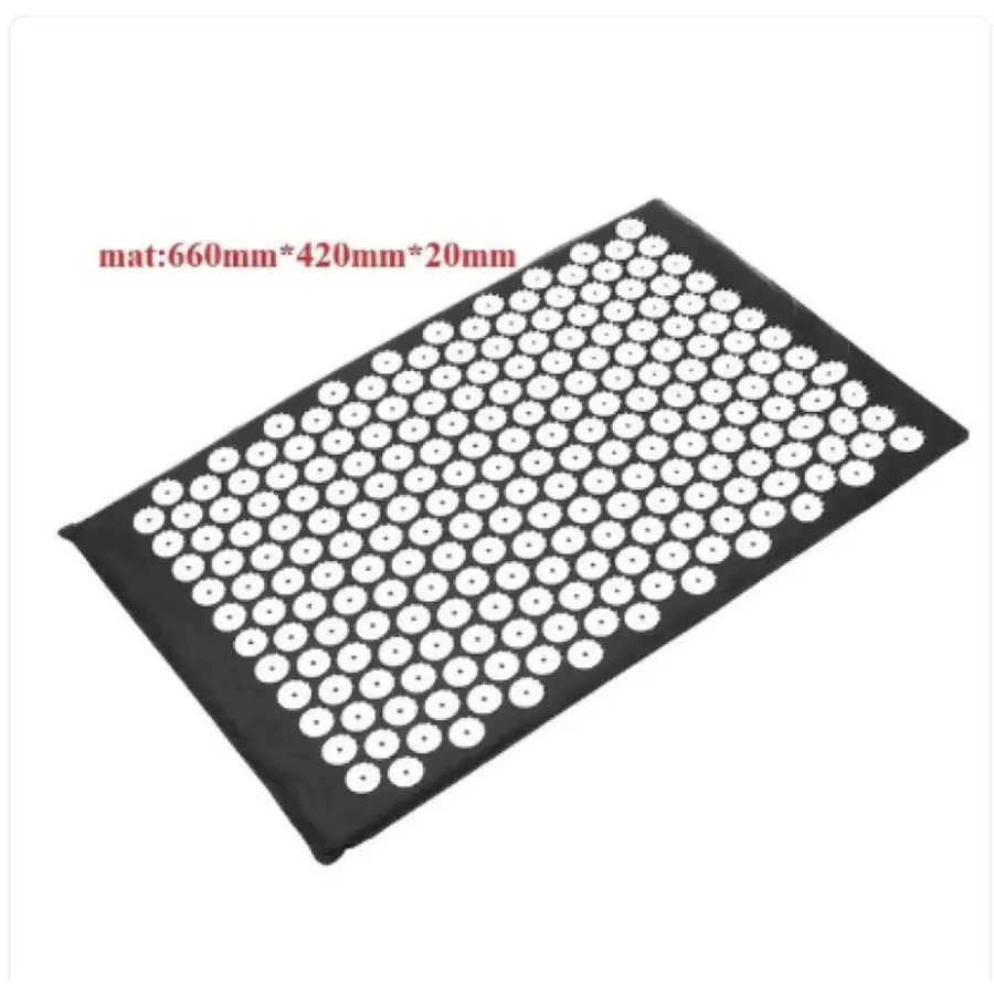 Black rectangular acupressure mat with a grid of white, circular, raised pins.