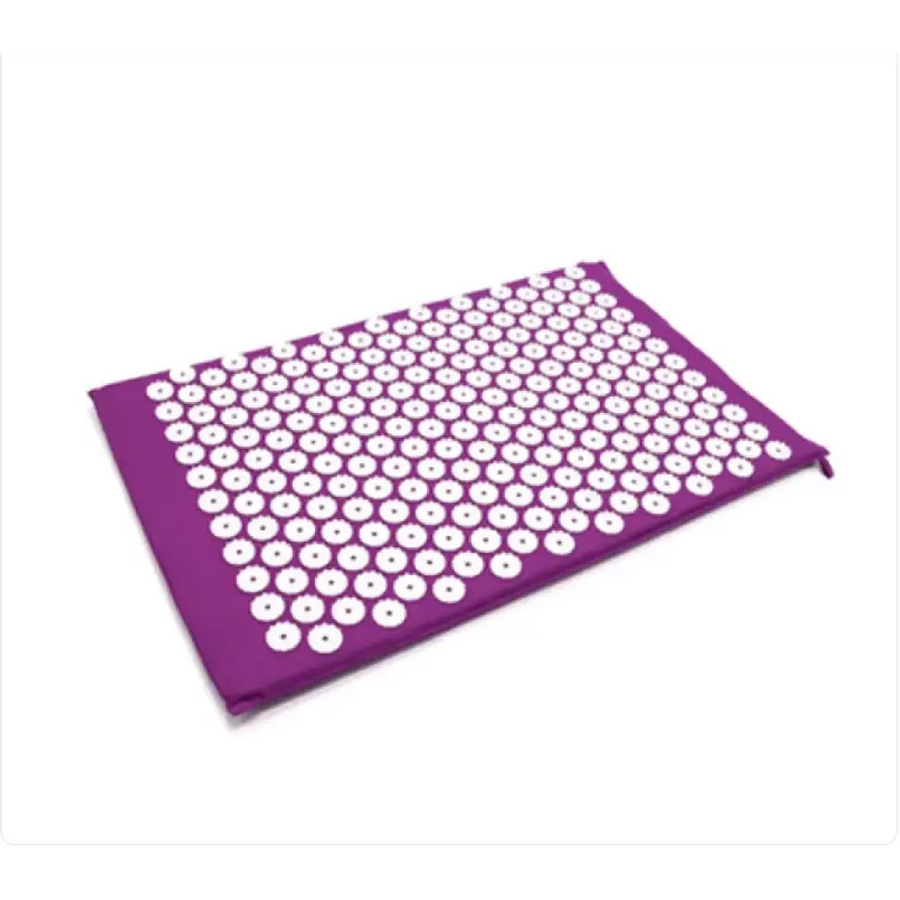 Purple acupressure mat with a grid of white, circular needles embedded in its surface.