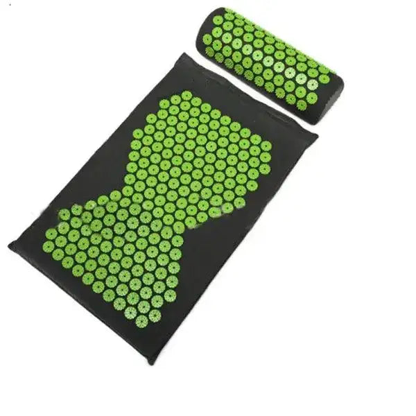 Green acupressure mat and pillow set with black fabric backing.