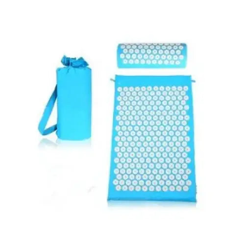 Blue acupressure mat with white hexagonal spikes and matching cylindrical carrying case.