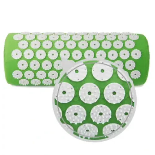 Green cylindrical massage roller with white circular spikes arranged in a grid pattern.