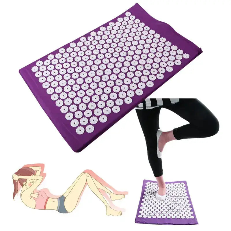 Purple acupressure mat with white, rounded protrusions arranged in a grid pattern.
