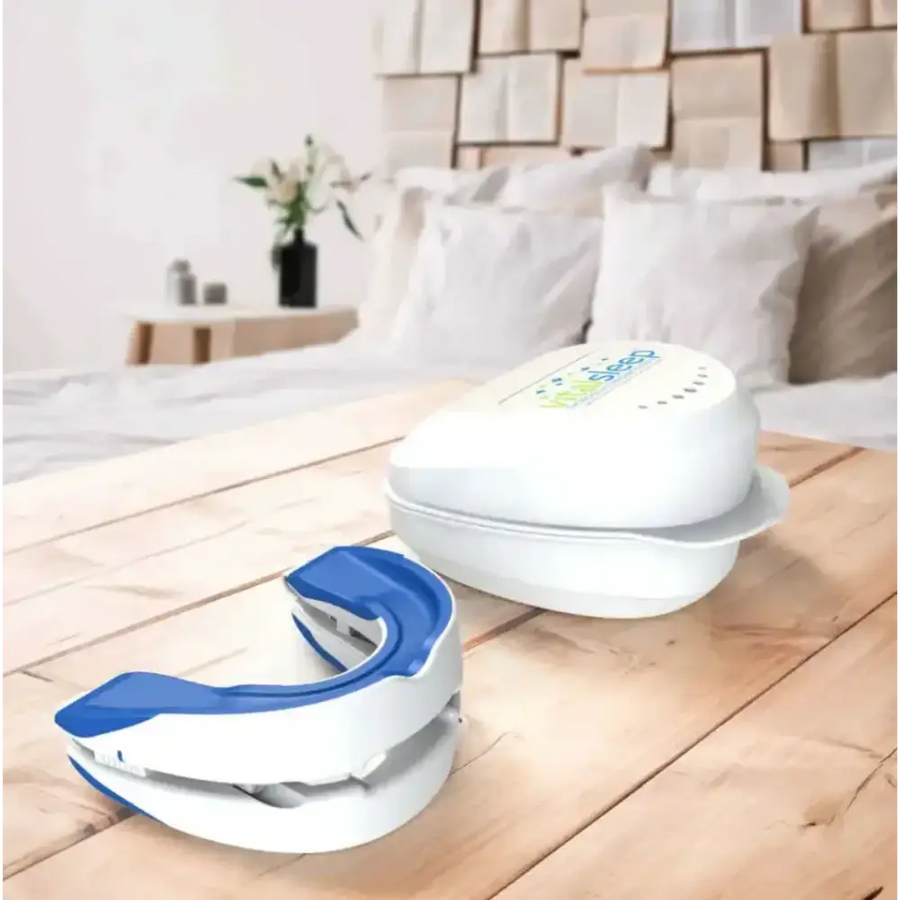 White and blue sleep aid device with a sleek, ergonomic design.