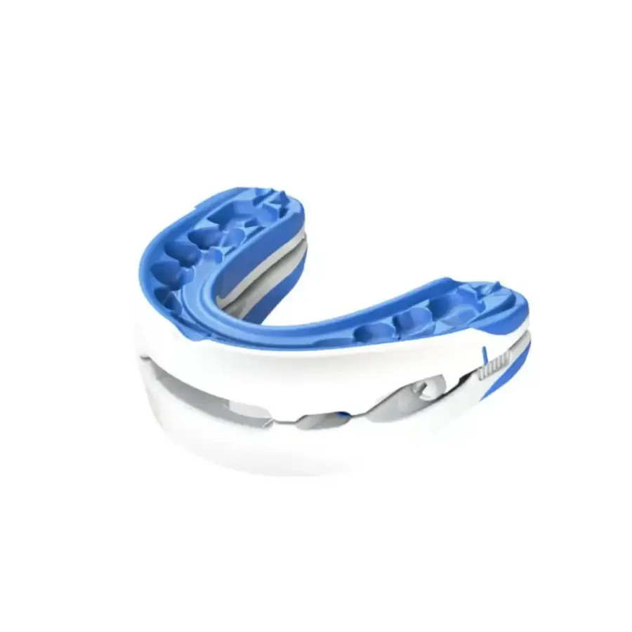 Blue and white sports mouthguard with textured grip surface.