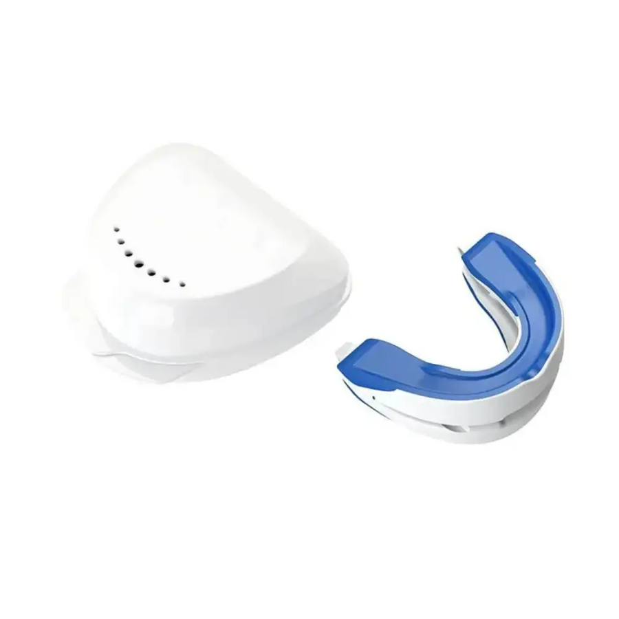 Blue and white sports mouthguard with matching charging case