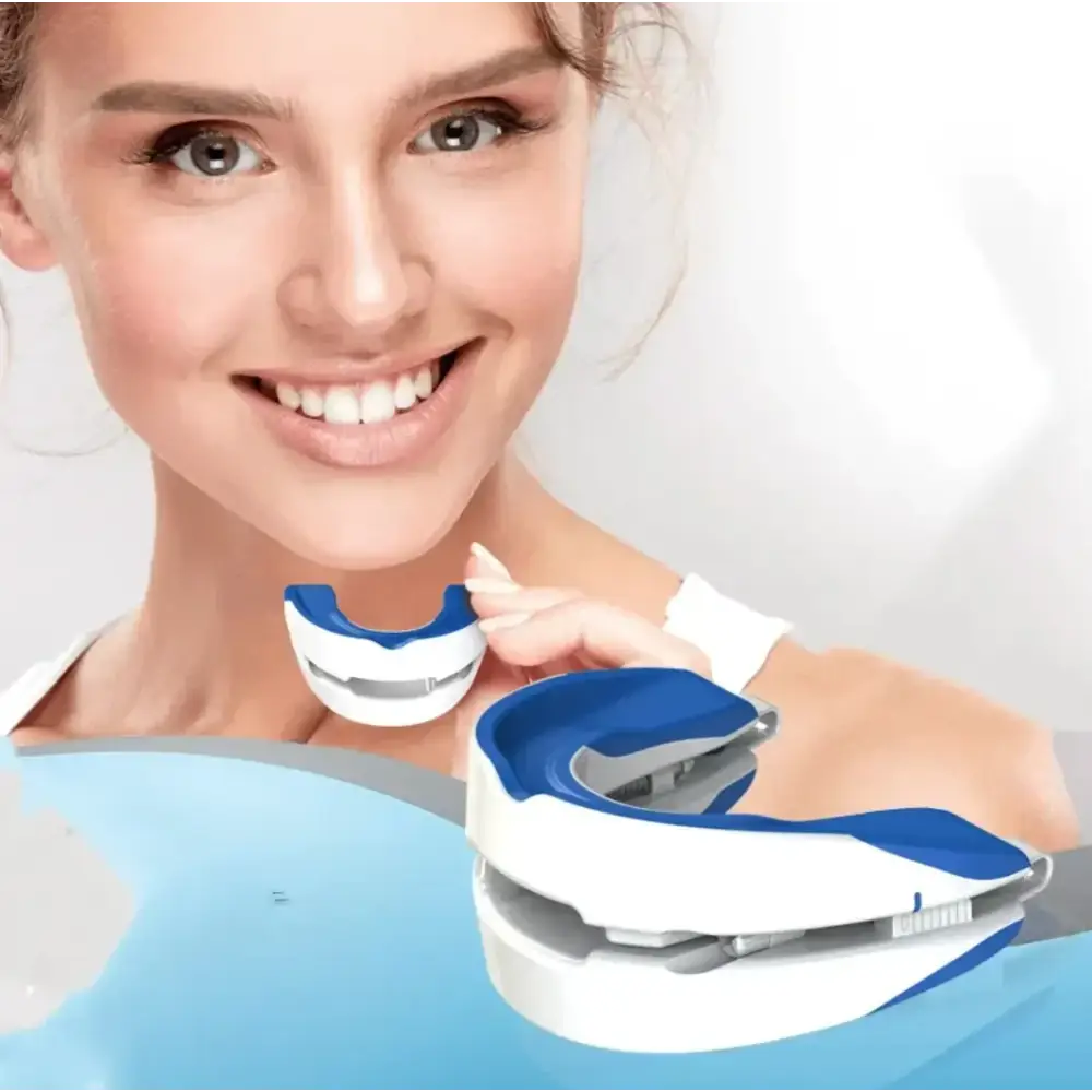 Blue and white sports mouthguard with a sleek, modern design.