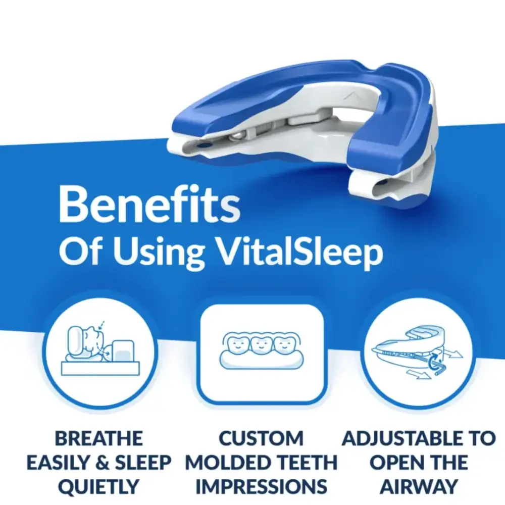 Blue and white vitalsleep oral appliance with a molded design for custom teeth impressions.