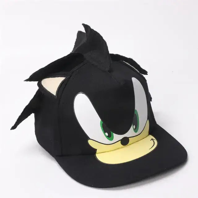 Black baseball cap featuring a plush, three-dimensional design of sonic the hedgehog’s face with green eyes and yellow muzzle.
