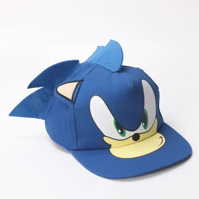 Blue sonic the hedgehog baseball cap with embroidered green eyes, white muzzle and yellow nose.