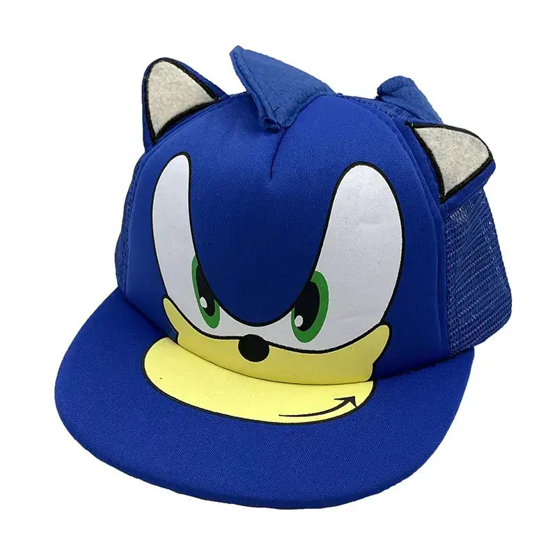Blue sonic the hedgehog baseball cap with embroidered white ears and a yellow smile.