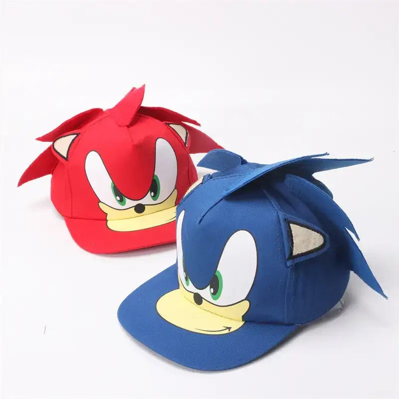 Blue and red sonic the hedgehog baseball caps with embroidered faces, spiky quills, and stitched-on ears.