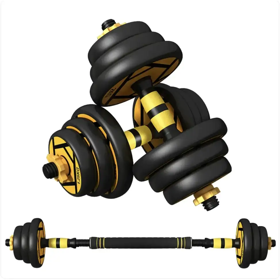 Black and yellow adjustable dumbbells with a telescopic barbell, featuring plastic weight plates and metal collars.