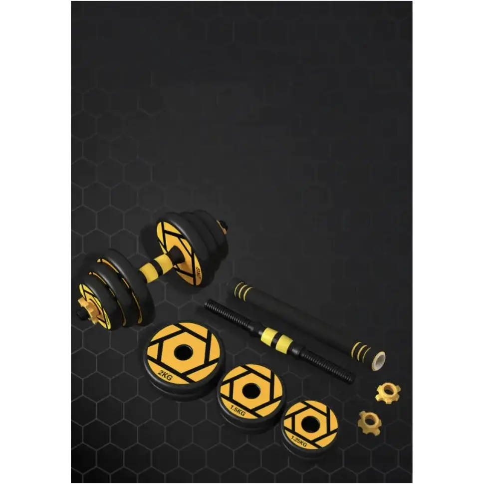 Black and yellow adjustable dumbbell set with hexagonal weight plates.