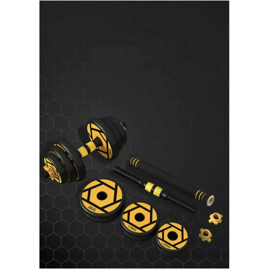 Black and yellow adjustable dumbbell set with hexagonal weight plates.