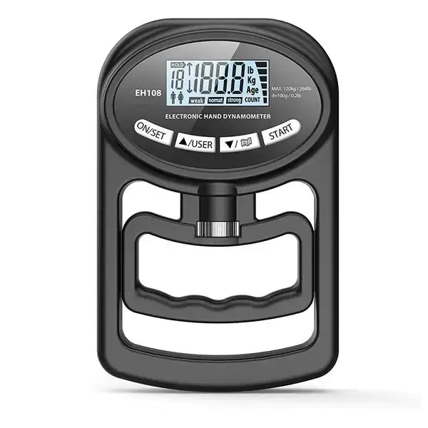 Black digital electronic hand dynamometer with a sleek, ergonomic design and a clear lcd screen displaying measurements.