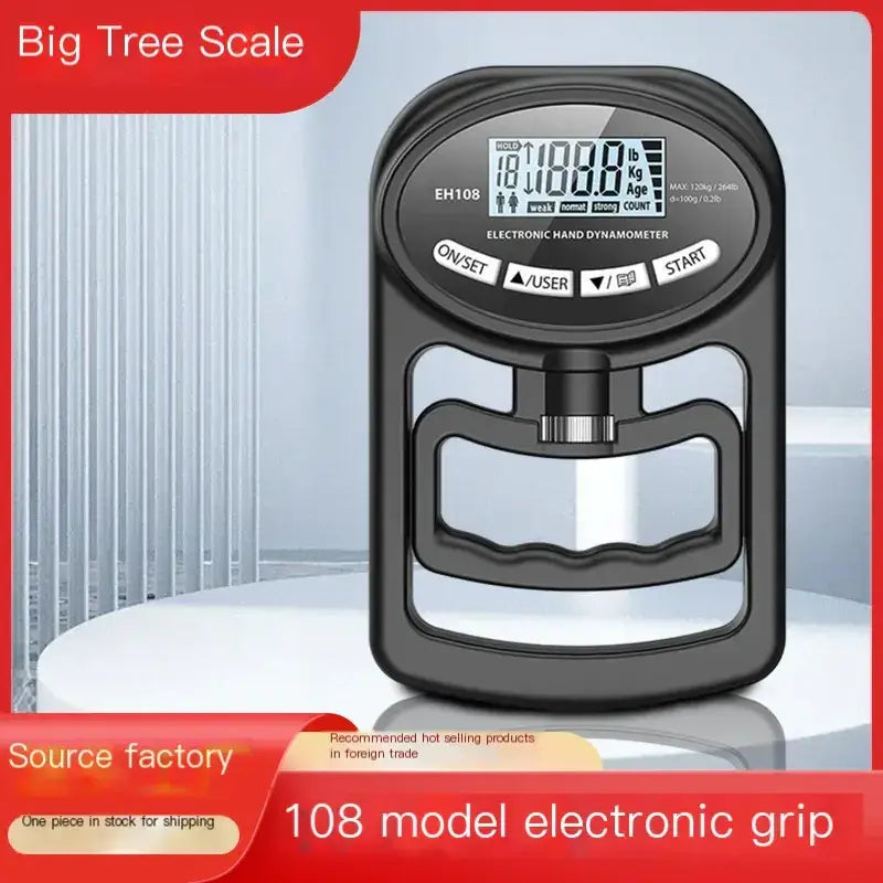 Black plastic electronic hand dynamometer with digital display and grip handle