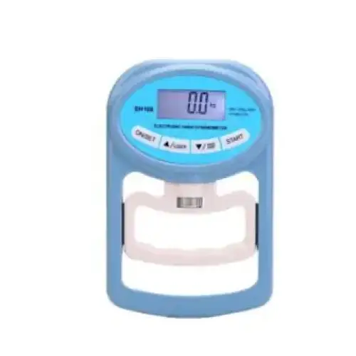 Light blue plastic electronic hand grip trainer with digital display and control buttons.