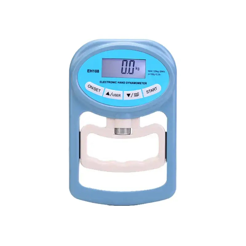 Light blue plastic electronic hand dynamometer with a digital display and white grip handles.
