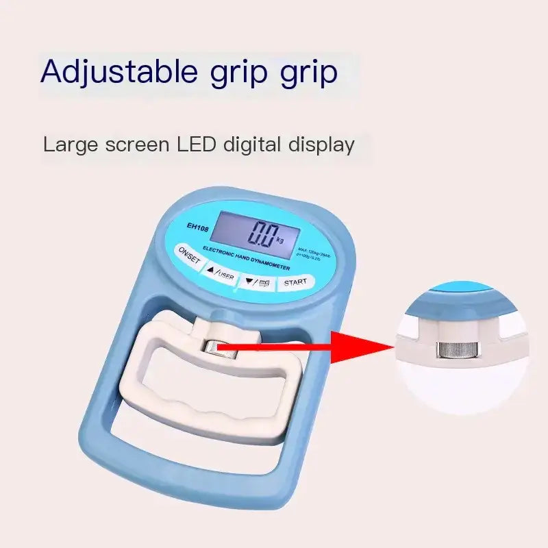 Light blue and white electronic hand dynamometer with a large screen led digital display.