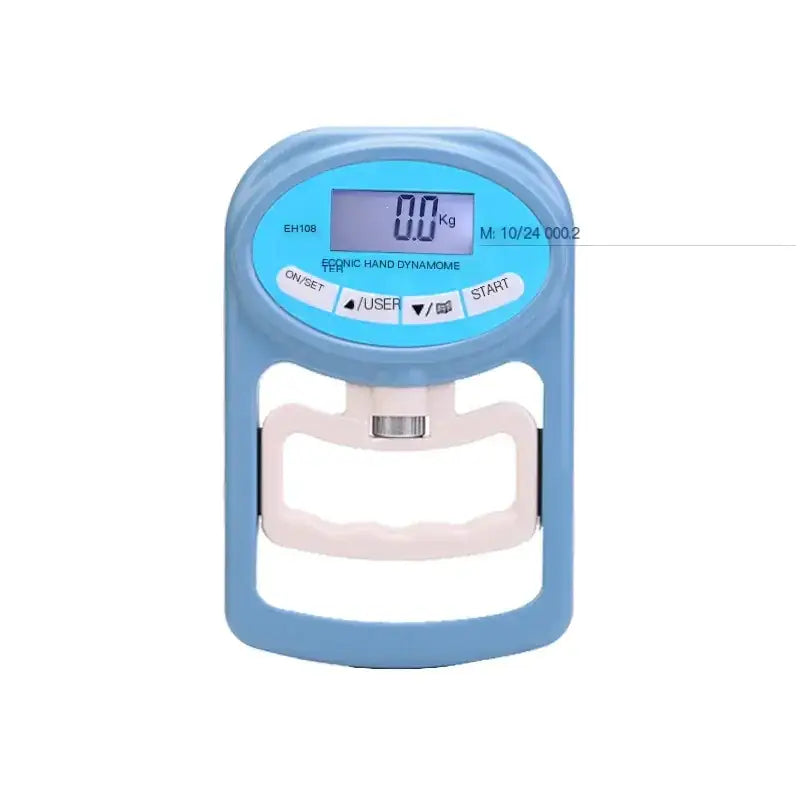 Light blue plastic digital hand dynamometer with a white handle and silver metal components.