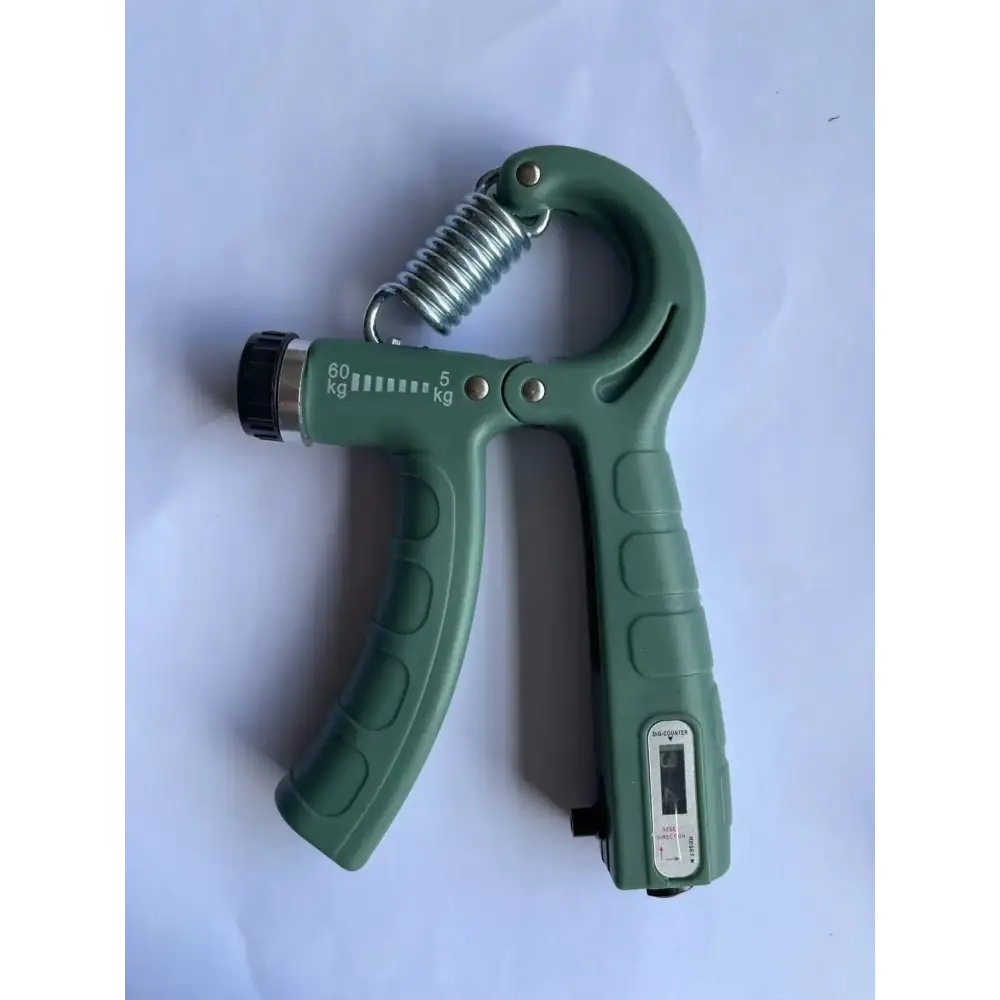 Green plastic grip strengthener with a metallic spring and digital display.