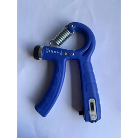 Blue plastic hand gripper with a metallic spring and adjustable resistance settings marked in kilograms.