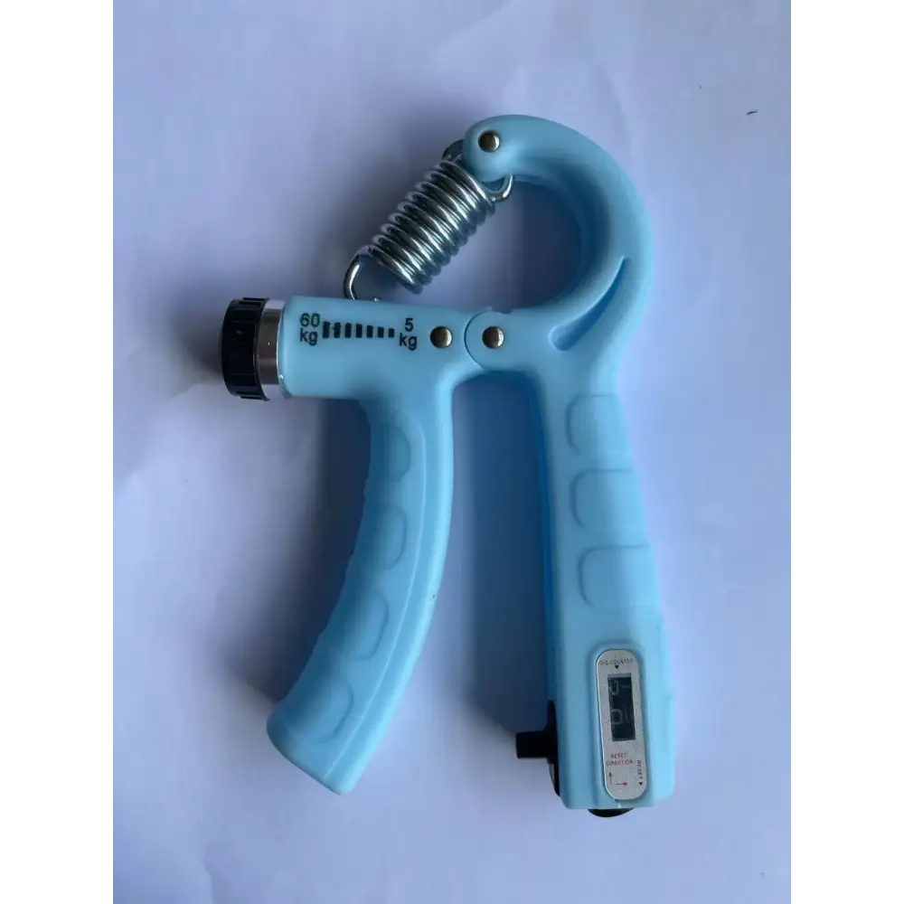 Light blue plastic grip strengthener with a metallic spring and digital display.