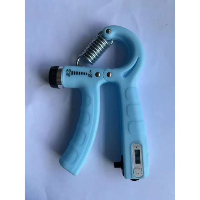 Light blue plastic grip strengthener with a metallic spring and digital display.