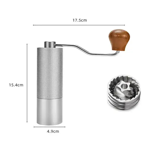 Stainless steel manual coffee grinder with a wooden handle and textured grip.