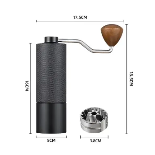 Black textured metal manual coffee grinder with a wooden handle and removable stainless steel burr.