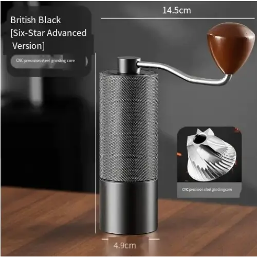 Black cylindrical manual coffee grinder with a textured body, chrome-finished handle and wooden knob.