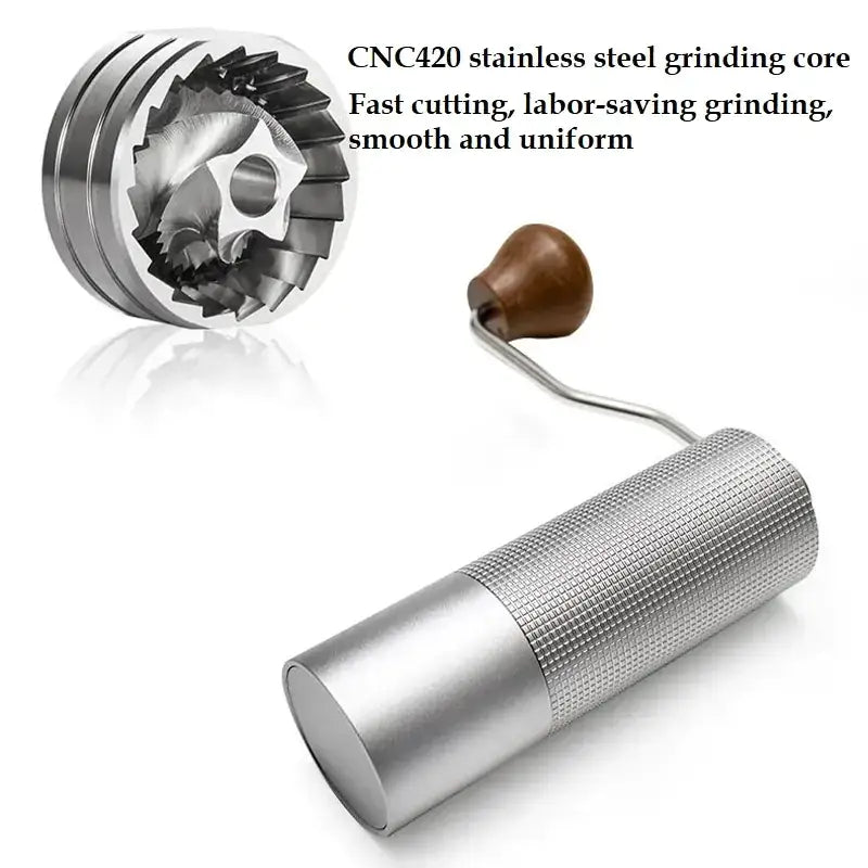 Silver cnc420 stainless steel manual coffee grinder with a textured cylindrical body and a wooden handle.