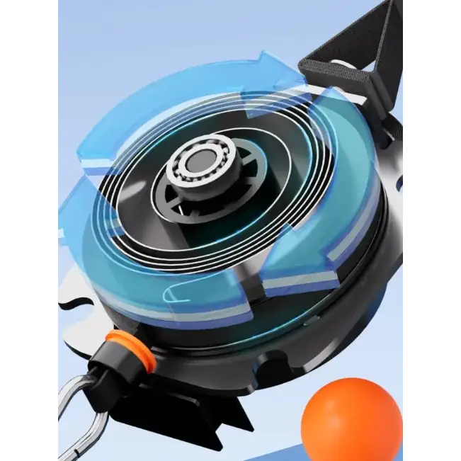 Black and blue retractable reel with a central bearing, orange accent on the handle.
