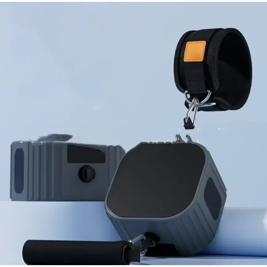 Black and gray resistance band training equipment set with a padded ankle cuff featuring an orange accent patch.