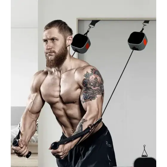 Black and gray cable machine with orange accents