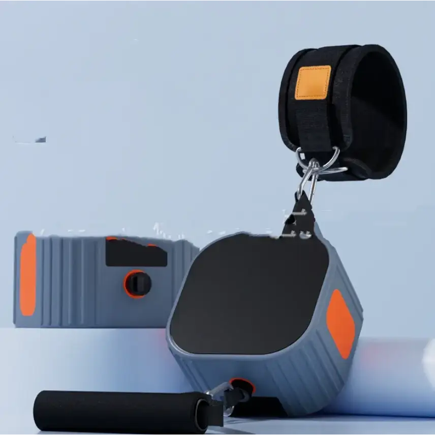 Gray and orange resistance training device with black accents, featuring a padded ankle cuff and handle for leg exercises.
