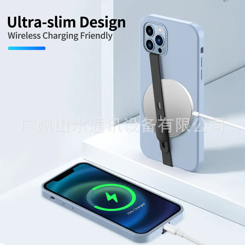 Light blue ultra-slim phone case with magnetic charging pad and black grip strap