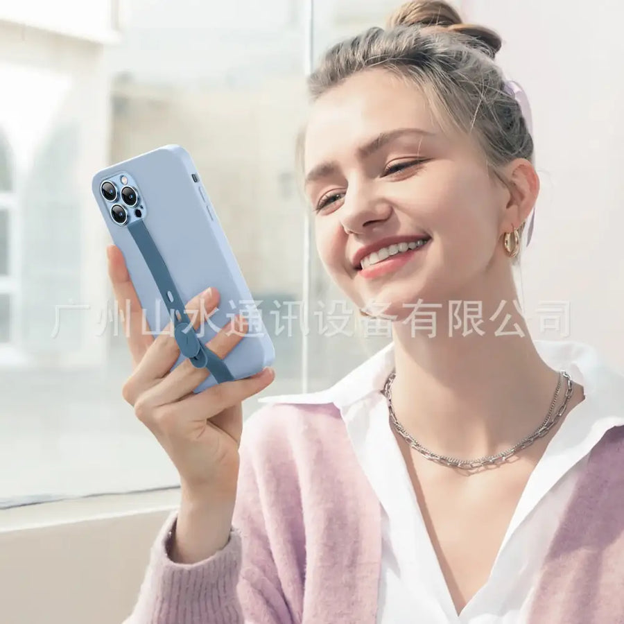 Light blue silicone phone case with a matching strap