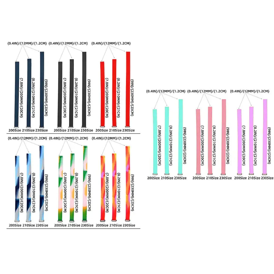 The image displays a series of bar charts with various colored bars, each labeled with technical specifications and measurements.