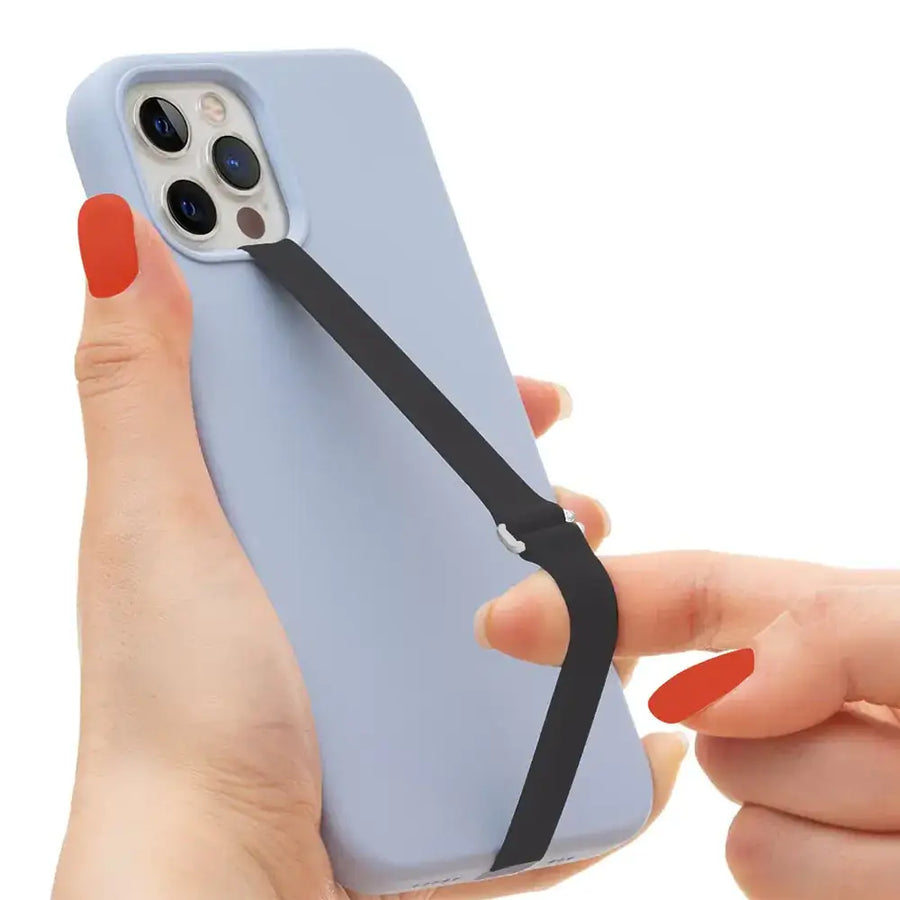 Light blue silicone phone case with a black grip strap.