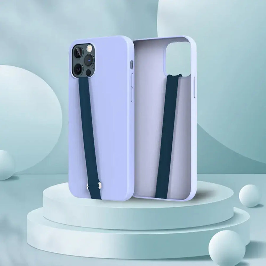Light purple silicone phone case with a black strap for grip.