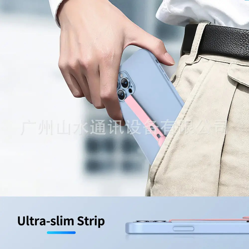 A sleek, light blue phone case with a pink ultra-slim strip attached to its side.